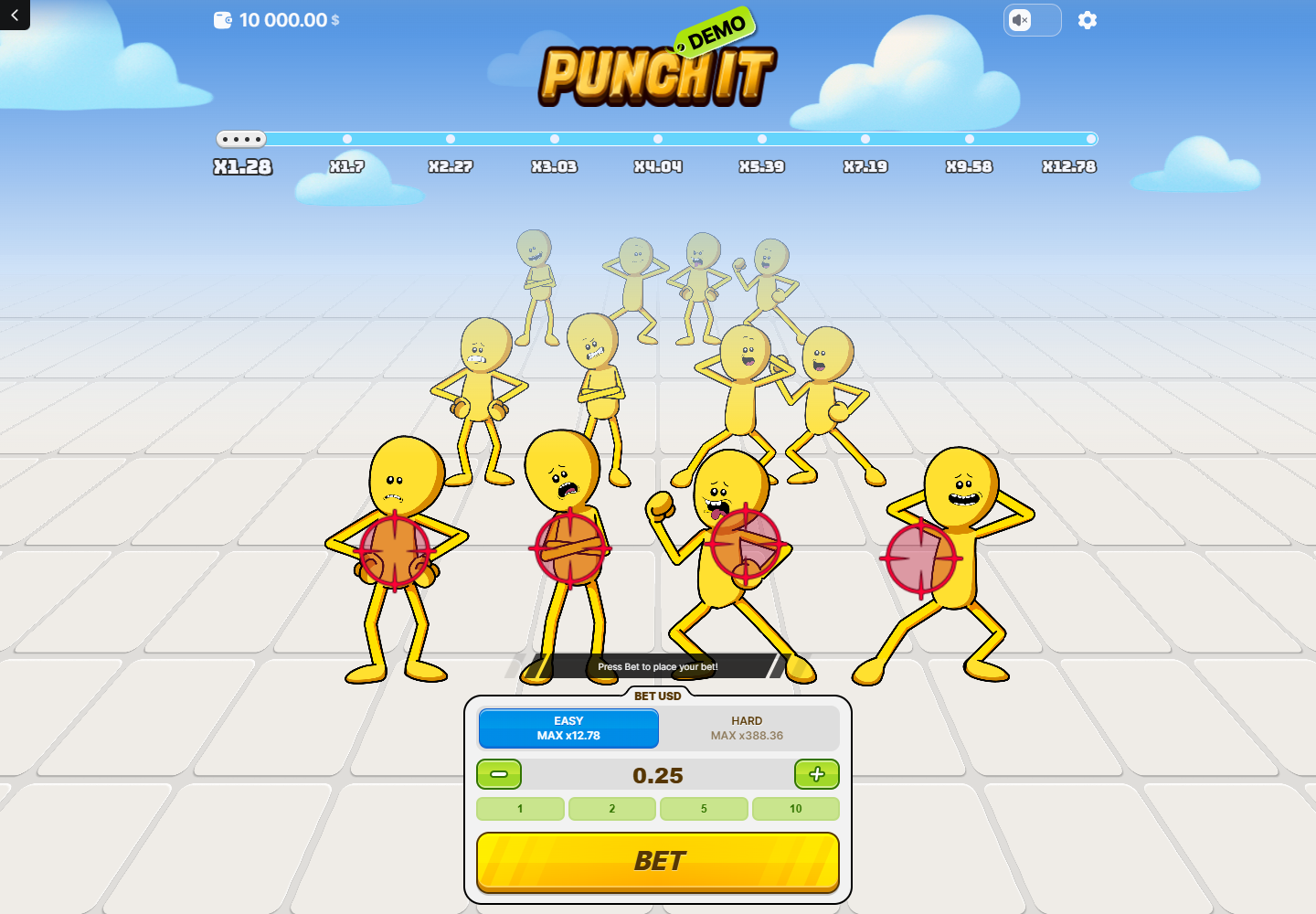 Punch It Easy mode with nine multiplier steps and four front opponents