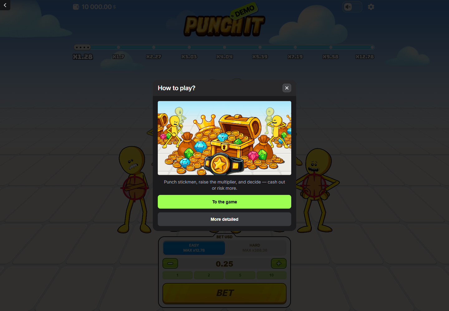 Punch It information panel with boxer characters and treasure artwork